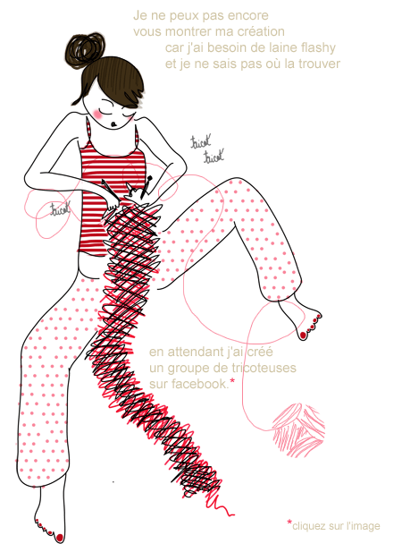 dessin représentant une jeune femme en pyjama tricotant une écharpe rose