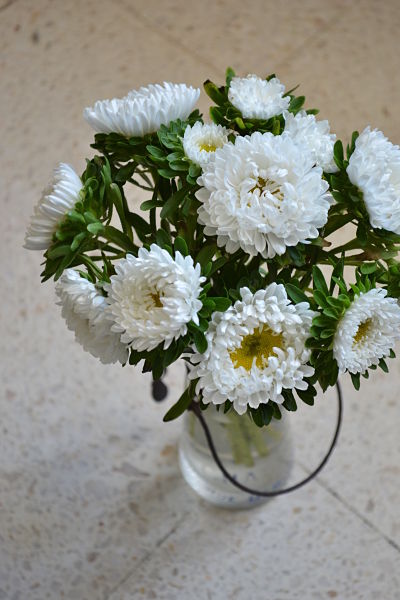 chrysanthèmes blanches vase bouteille de lait ancienne